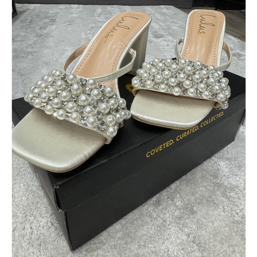 Ivory Satin Pearl Rhinestone High Heel Slide Sandals